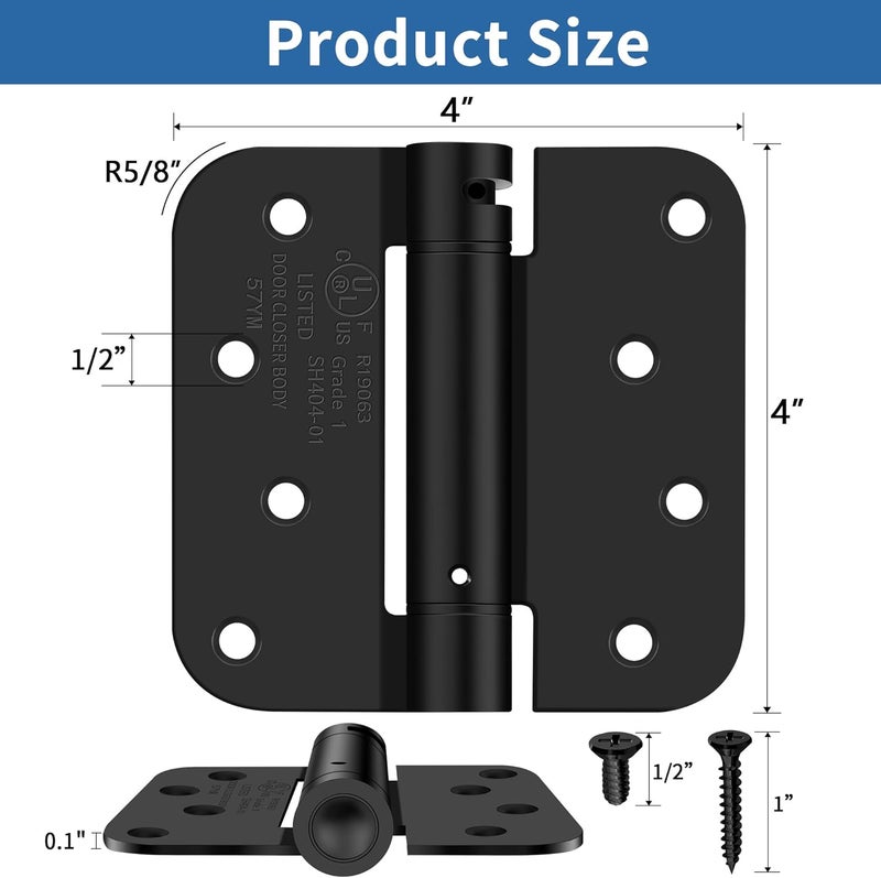 IOQ 4 Inch Self Closing Door Hinges, 5/8" Radius Corners Spring Loaded Hinges for Exterior, Garage, Front and Back Door, UL Listed, for Left and Right Hand Door, Matte Black, 4 Pack - Image 2
